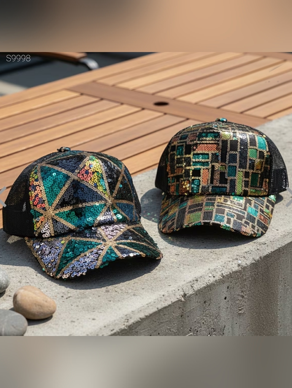 Set of 2 multi color sequin 'Hip Hop' baseball hats, new